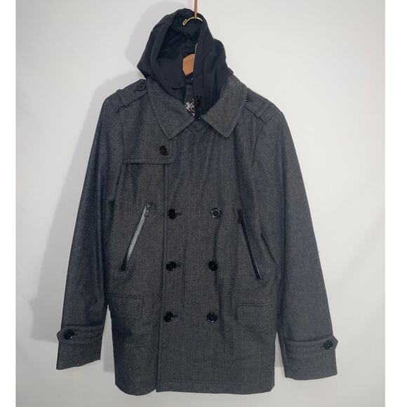 Express Wool Blend Double Breasted Coat with Zip-Out Hoodie - Men's Size S - Picture 2 of 14